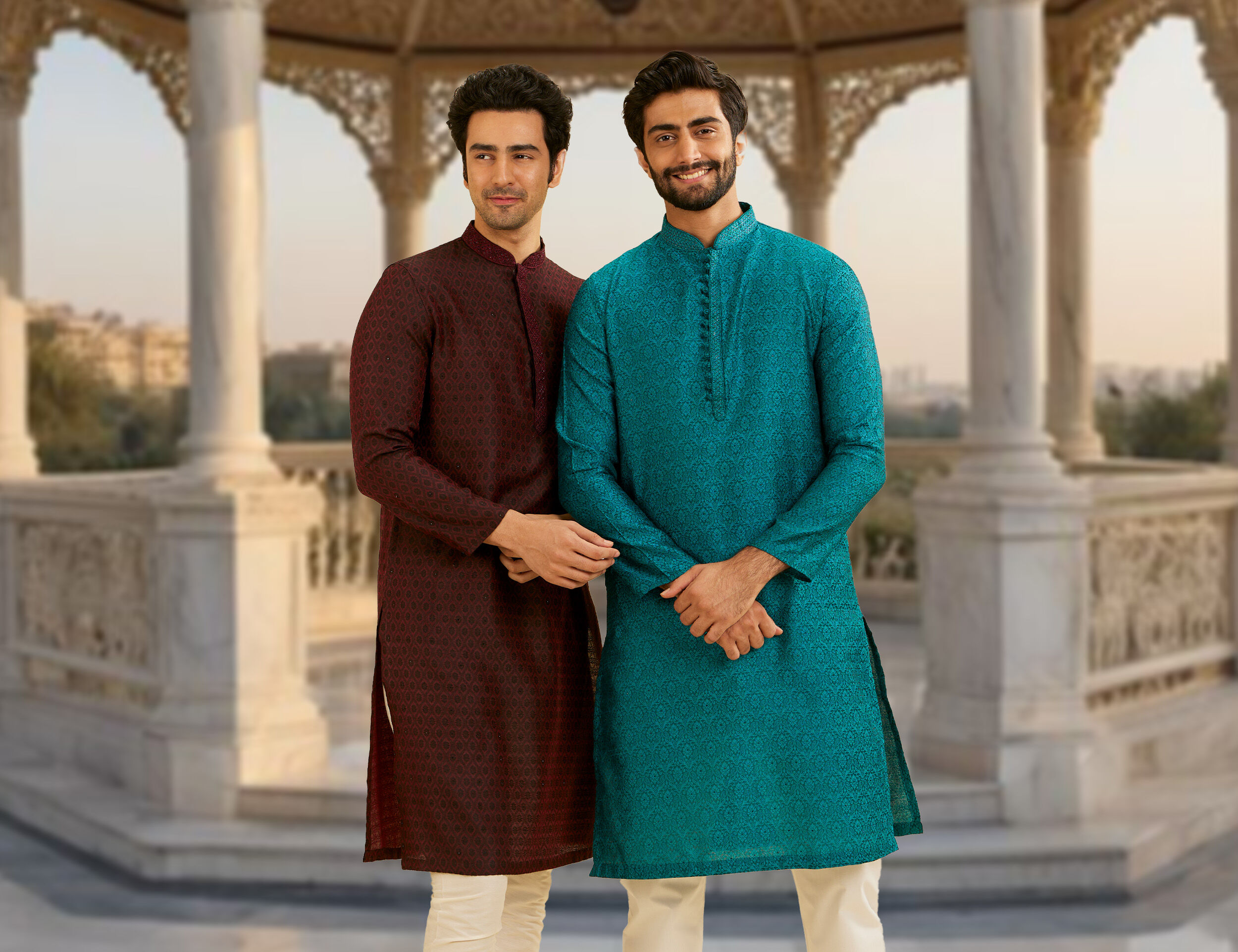A man wearing brown kurta and green kurta 
